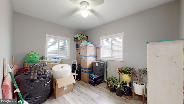 storage area featuring ceiling fan