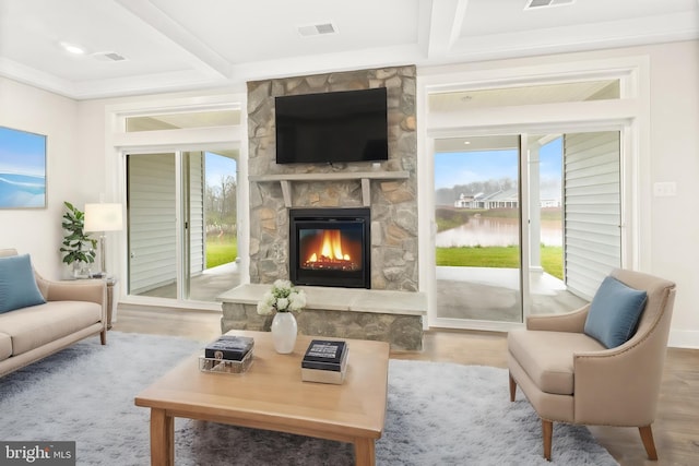 living room featuring hardwood / wood-style floors, beam ceiling, and a fireplace