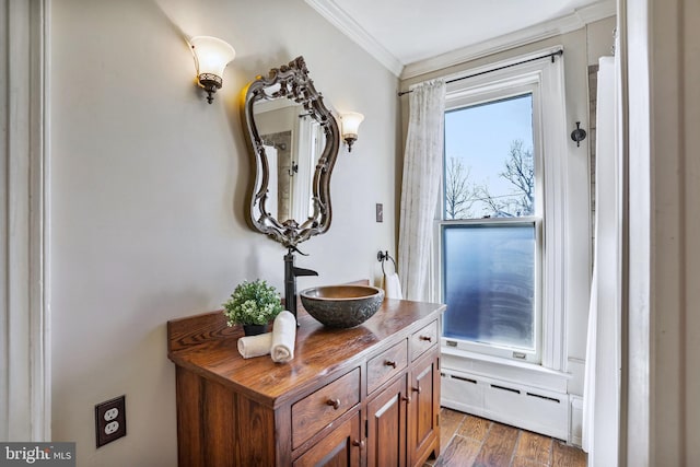 doorway to outside featuring crown molding, a baseboard radiator, a sink, and wood finished floors