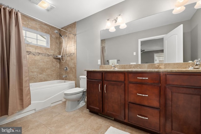 full bathroom with tile patterned flooring, vanity, shower / bath combination with curtain, and toilet