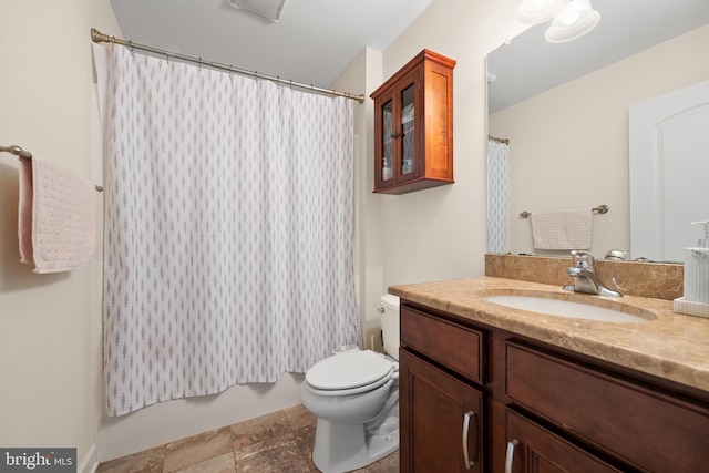 full bathroom with vanity, toilet, and shower / bathtub combination with curtain