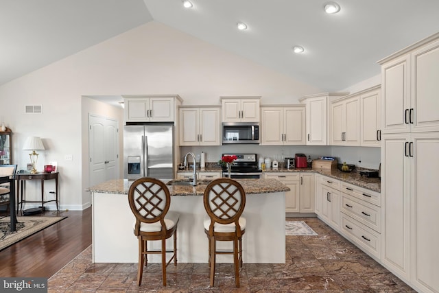 kitchen with appliances with stainless steel finishes, stone countertops, high vaulted ceiling, dark hardwood / wood-style floors, and an island with sink