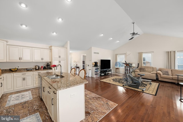 kitchen with sink, light stone counters, dark hardwood / wood-style floors, vaulted ceiling, and a center island with sink