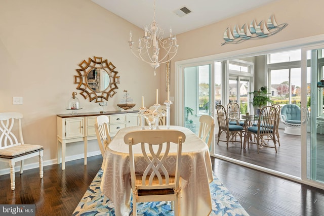 dining space with an inviting chandelier, a wealth of natural light, and dark wood-type flooring