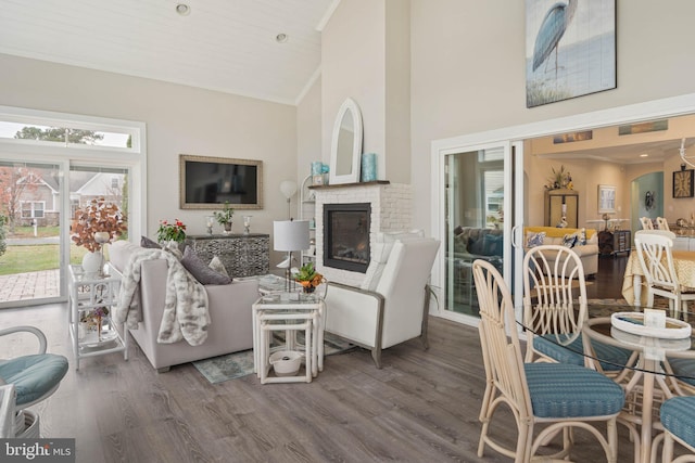 living room featuring hardwood / wood-style floors, ornamental molding, and high vaulted ceiling