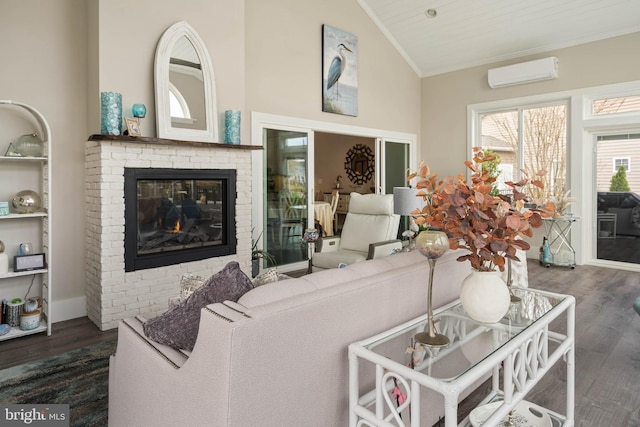 living room with wooden ceiling, an AC wall unit, vaulted ceiling, dark hardwood / wood-style floors, and a fireplace