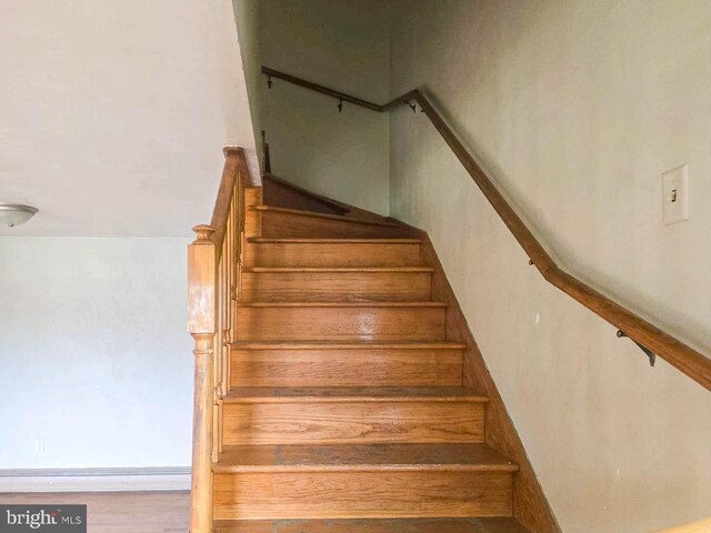 stairway with hardwood / wood-style floors