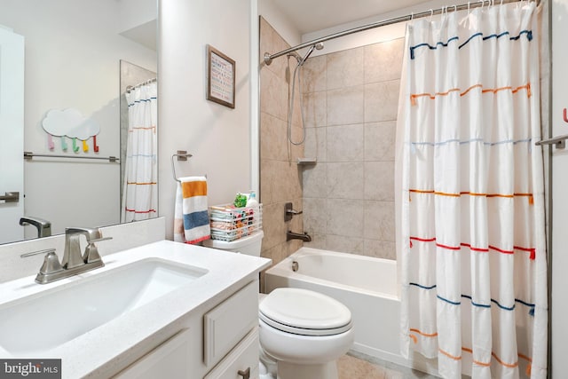 full bathroom featuring tile patterned flooring, vanity, toilet, and shower / bathtub combination with curtain