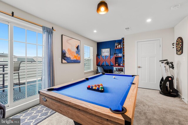 playroom with plenty of natural light, carpet floors, and billiards