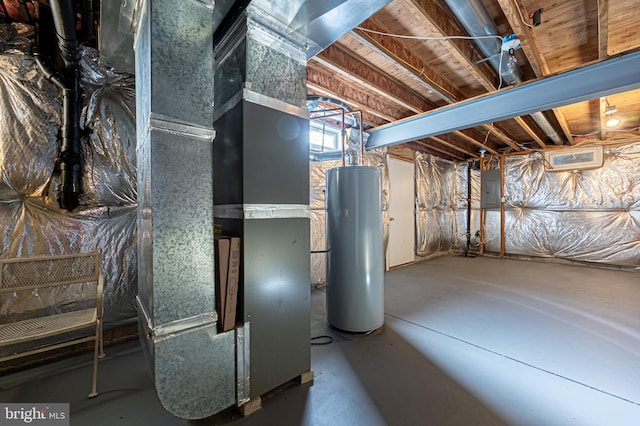 basement with electric panel, water heater, and heating unit