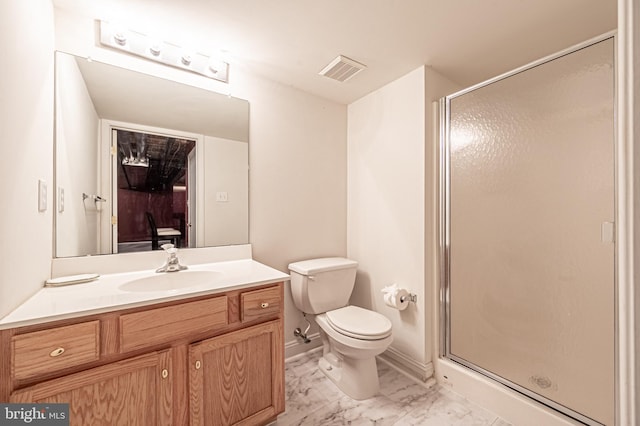 full bathroom featuring a stall shower, visible vents, toilet, marble finish floor, and vanity