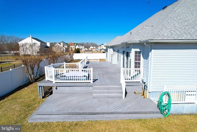 wooden deck with a fenced backyard and a lawn