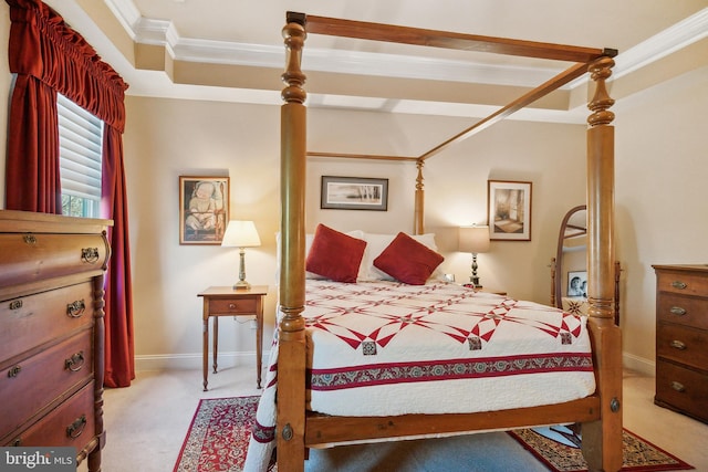 bedroom with light carpet and ornamental molding