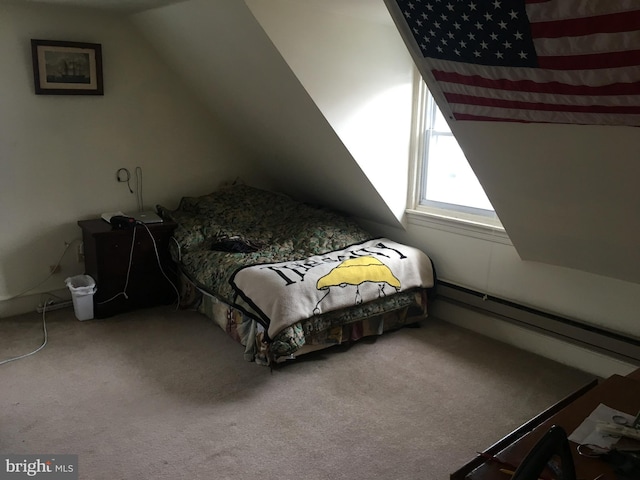 bedroom featuring carpet flooring, a baseboard radiator, and vaulted ceiling