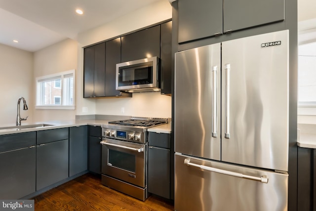 kitchen featuring premium appliances, sink, and dark wood-type flooring