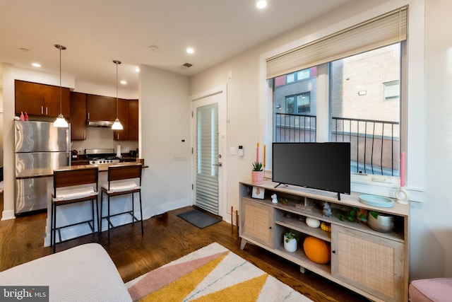 living room with dark hardwood / wood-style floors