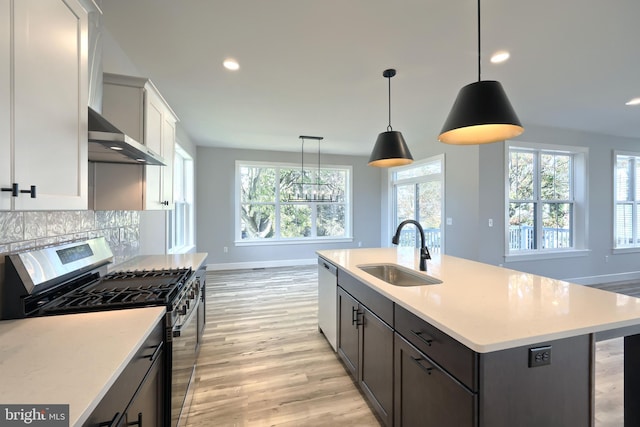 kitchen with gas range, a center island with sink, plenty of natural light, and sink