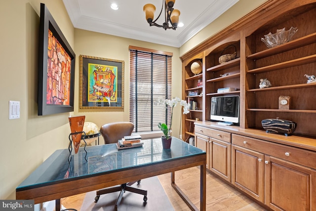 office with a notable chandelier, light wood-type flooring, and ornamental molding