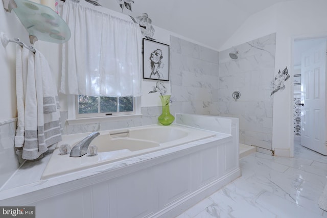 bathroom with separate shower and tub and lofted ceiling