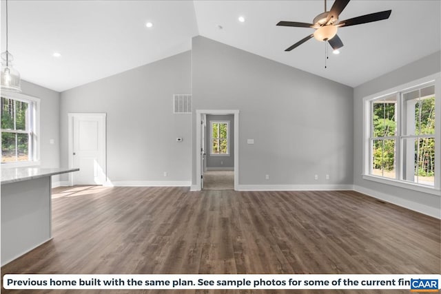 unfurnished living room with ceiling fan, plenty of natural light, and dark hardwood / wood-style floors