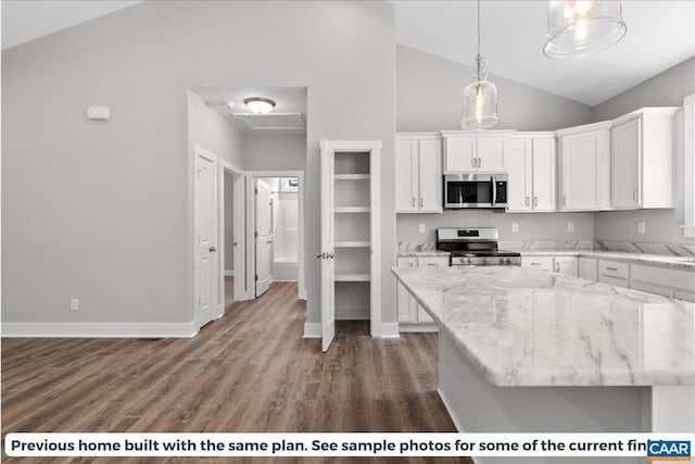 kitchen with white cabinets, pendant lighting, dark hardwood / wood-style flooring, and appliances with stainless steel finishes