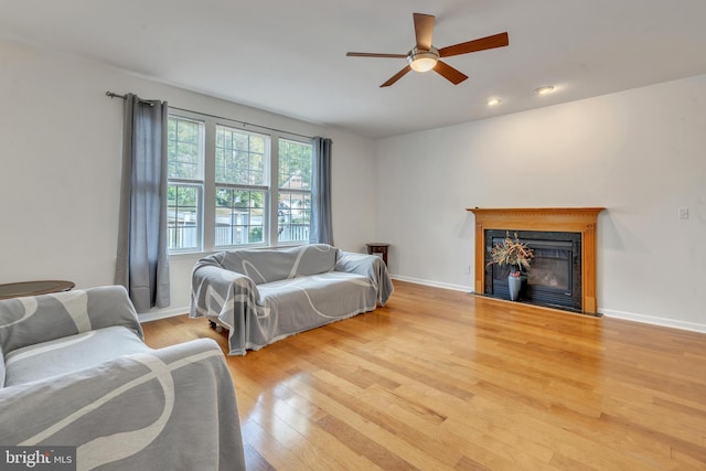 living room with ceiling fan and light hardwood / wood-style floors