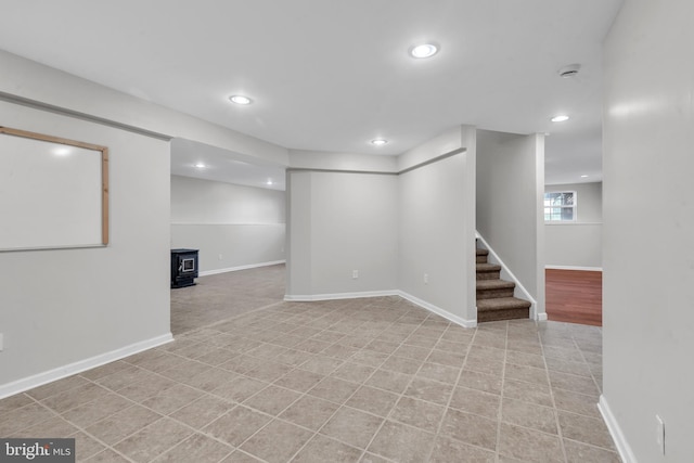 basement with a wood stove