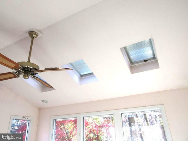 room details featuring a skylight and ceiling fan