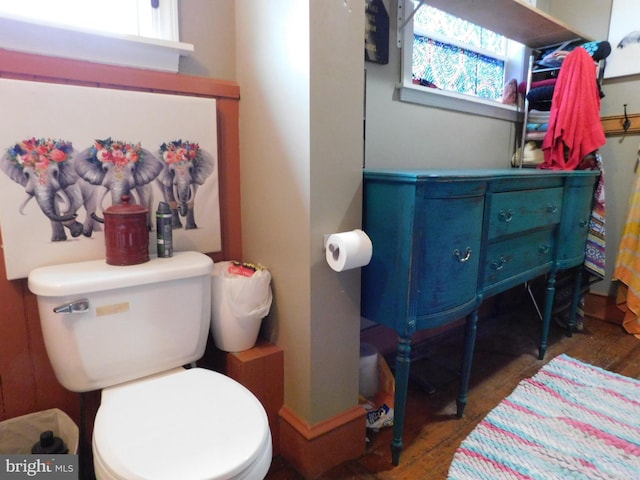 bathroom featuring plenty of natural light, toilet, and wood-type flooring