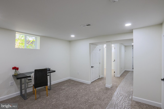 view of carpeted home office