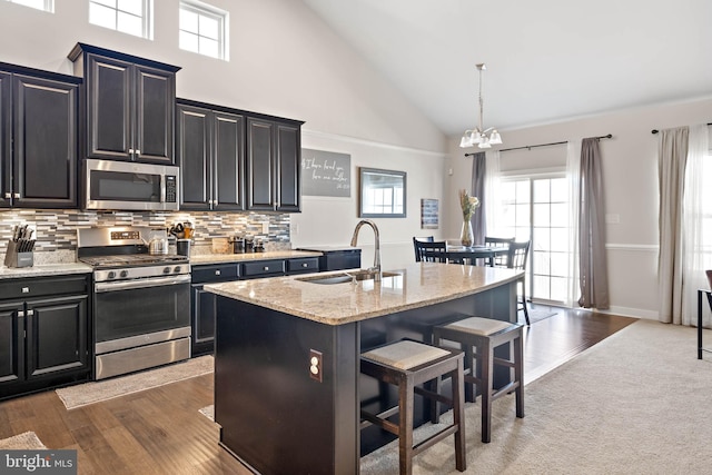 kitchen featuring sink, an island with sink, stainless steel appliances, and high vaulted ceiling