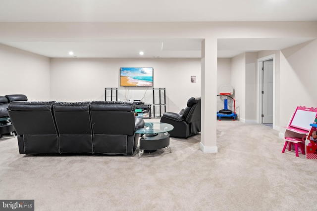 living room featuring light carpet