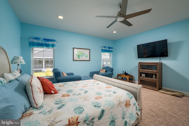 bedroom featuring ceiling fan and carpet floors