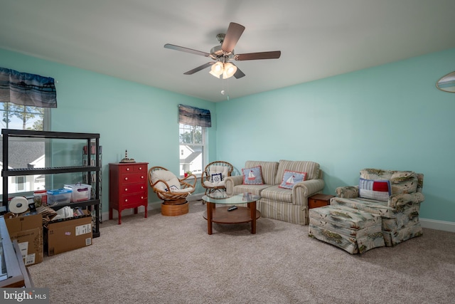 living room with carpet flooring and ceiling fan