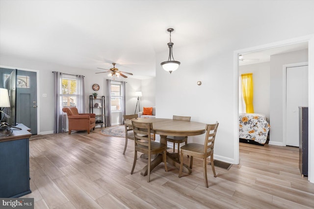 dining area featuring ceiling fan and light hardwood / wood-style floors