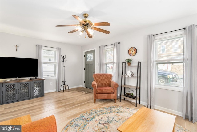 living area with light hardwood / wood-style floors, ceiling fan, and a healthy amount of sunlight