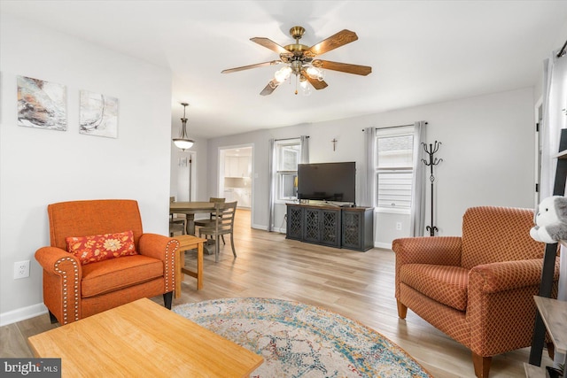 living room featuring ceiling fan and light hardwood / wood-style floors