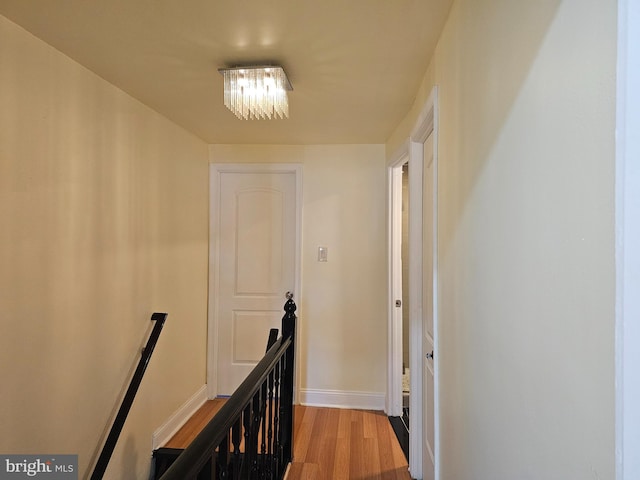 corridor with a chandelier and light hardwood / wood-style floors