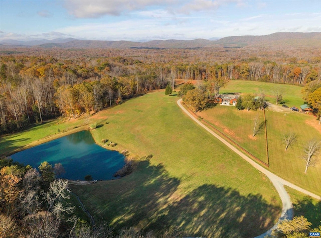 bird's eye view with a water and mountain view