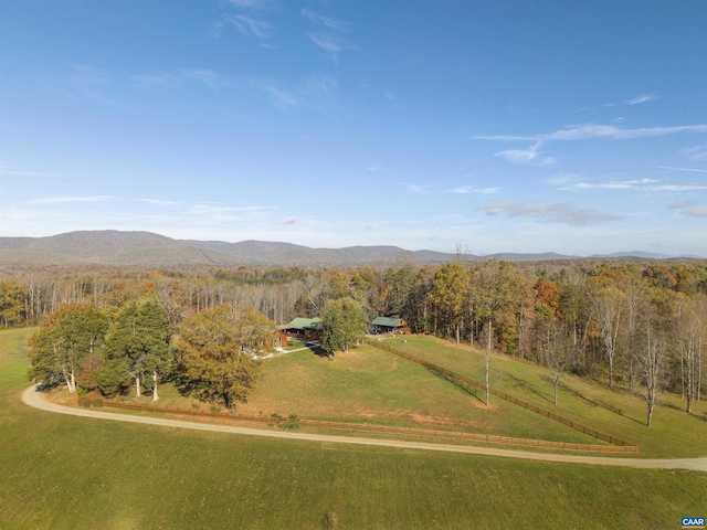 bird's eye view featuring a mountain view and a rural view