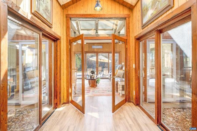 doorway with wood walls, a healthy amount of sunlight, and lofted ceiling