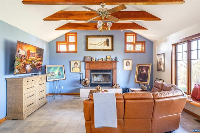 tiled living room featuring lofted ceiling with beams and ceiling fan