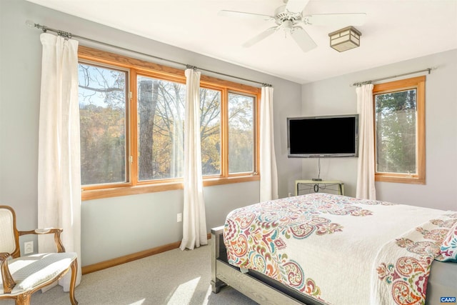 carpeted bedroom featuring multiple windows and ceiling fan