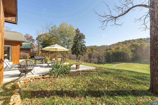 view of yard featuring a patio area and an outdoor fire pit