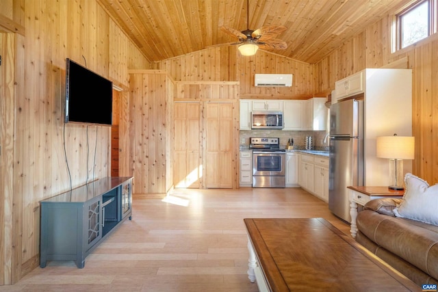 living room with wood walls, wood ceiling, high vaulted ceiling, and light hardwood / wood-style flooring