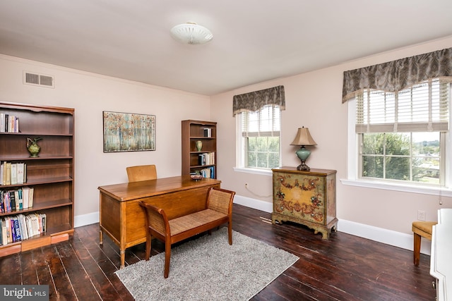 home office featuring dark hardwood / wood-style floors and plenty of natural light