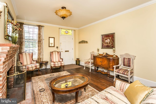 living area featuring dark hardwood / wood-style floors, ornamental molding, and a fireplace