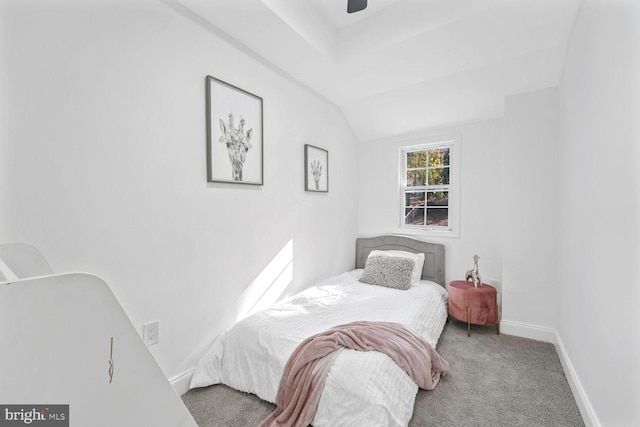 carpeted bedroom featuring vaulted ceiling