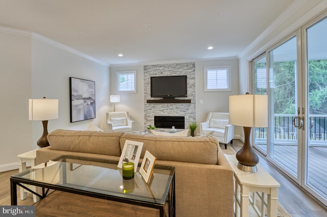 living room with a fireplace, light wood-type flooring, and crown molding