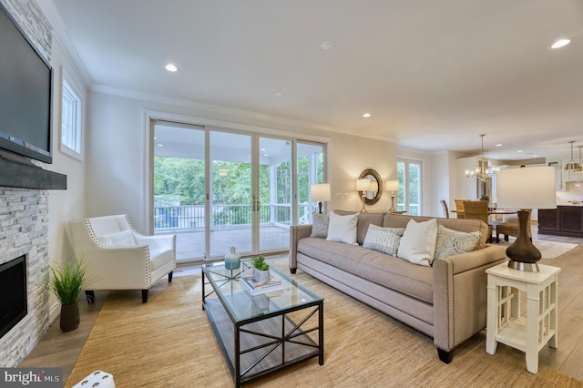 living room featuring a fireplace, light wood-type flooring, and a healthy amount of sunlight